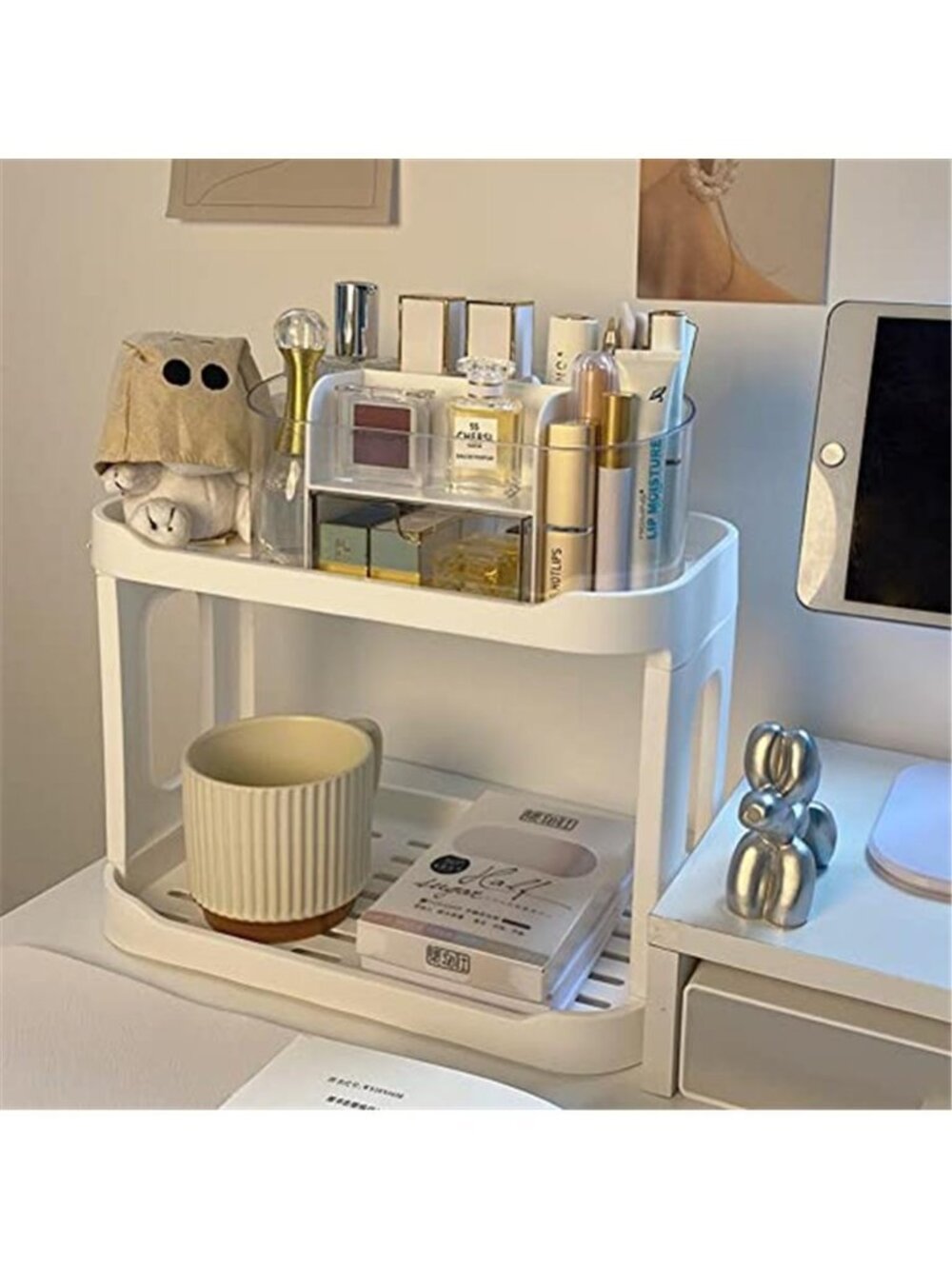 2 Tier Desktop Organizer White Countertop Storage Shelf Cosmetic Office Desk